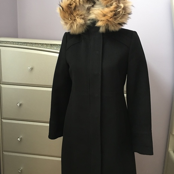 MARC New York black fur trim hooded wool coat zipper and snap closure pockets - Picture 1 of 16